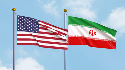 Waving flags of the United States of America and Iran on sky background. Illustrating International Diplomacy, Friendship and Partnership with Soaring Flags against the Sky. 3D illustration.