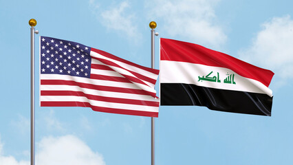 Waving flags of the United States of America and Iraq on sky background. Illustrating International Diplomacy, Friendship and Partnership with Soaring Flags against the Sky. 3D illustration.