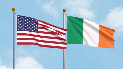 Waving flags of the United States of America and Ireland on sky background. Illustrating International Diplomacy, Friendship and Partnership with Soaring Flags against the Sky. 3D illustration.