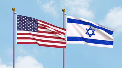 Waving flags of the United States of America and Israel on sky background. Illustrating International Diplomacy, Friendship and Partnership with Soaring Flags against the Sky. 3D illustration.