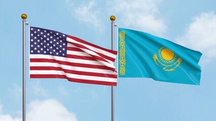 Waving flags of the United States of America and Kazakhstan on sky background. Illustrating International Diplomacy, Friendship and Partnership with Soaring Flags against the Sky. 3D illustration.
