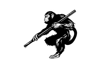 Karate monkey with a stick in his hands. Vector engraving style sketch illustration.