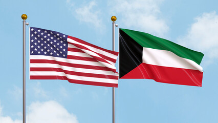 Waving flags of the United States of America and Kuwait on sky background. Illustrating International Diplomacy, Friendship and Partnership with Soaring Flags against the Sky. 3D illustration.