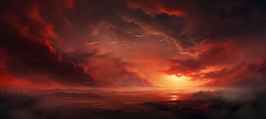 Sunset red cloudy sky landscape background. Generative AI technology.