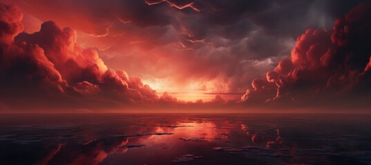 Cloudy sunset red sky landscape background. Generative AI technology.