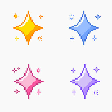 Glitter Stars, sparkling stars pixel art, Bright yellow pink purple blue sparkling pixel art set
