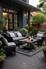 Obraz premium Patio with outdoor furniture and shrubs. Generative AI