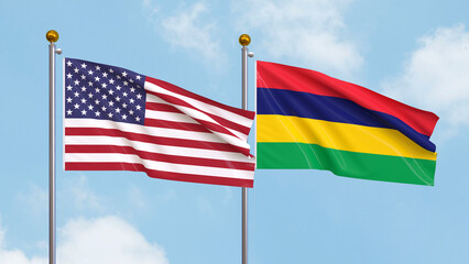 Waving flags of the United States of America and Mauritius on sky background. Illustrating International Diplomacy, Friendship and Partnership with Soaring Flags against the Sky. 3D illustration.