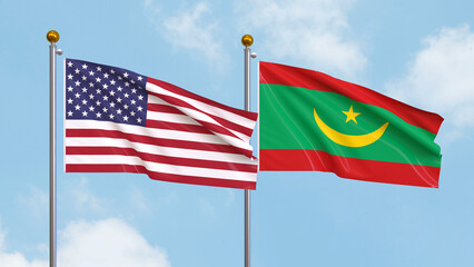 Waving flags of the United States of America and Mauritania on sky background. Illustrating International Diplomacy, Friendship and Partnership with Soaring Flags against the Sky. 3D illustration.