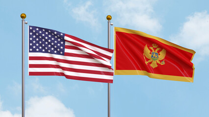 Waving flags of the United States of America and Montenegro on sky background. Illustrating International Diplomacy, Friendship and Partnership with Soaring Flags against the Sky. 3D illustration.