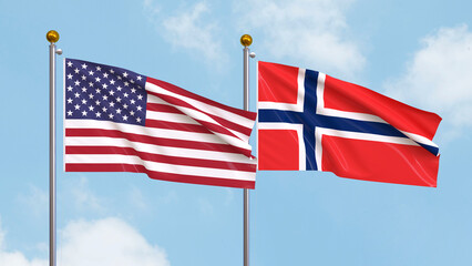 Waving flags of the United States of America and Norway on sky background. Illustrating International Diplomacy, Friendship and Partnership with Soaring Flags against the Sky. 3D illustration.