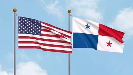 Waving flags of the United States of America and Panama on sky background. Illustrating International Diplomacy, Friendship and Partnership with Soaring Flags against the Sky. 3D illustration.
