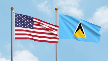 Waving flags of the United States of America and Saint Lucia on sky background. Illustrating International Diplomacy, Friendship and Partnership with Soaring Flags against the Sky. 3D illustration.