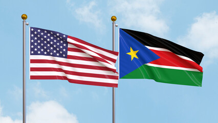 Waving flags of the United States of America and South Sudan on sky background. Illustrating International Diplomacy, Friendship and Partnership with Soaring Flags against the Sky. 3D illustration.