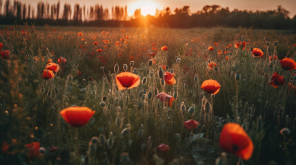 Fototapeta na wymiar landscape with nice sunset over poppy field.