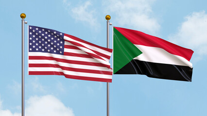 Waving flags of the United States of America and Sudan on sky background. Illustrating International Diplomacy, Friendship and Partnership with Soaring Flags against the Sky. 3D illustration.
