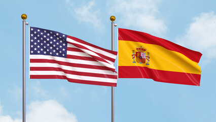 Waving flags of the United States of America and Spain on sky background. Illustrating International Diplomacy, Friendship and Partnership with Soaring Flags against the Sky. 3D illustration.