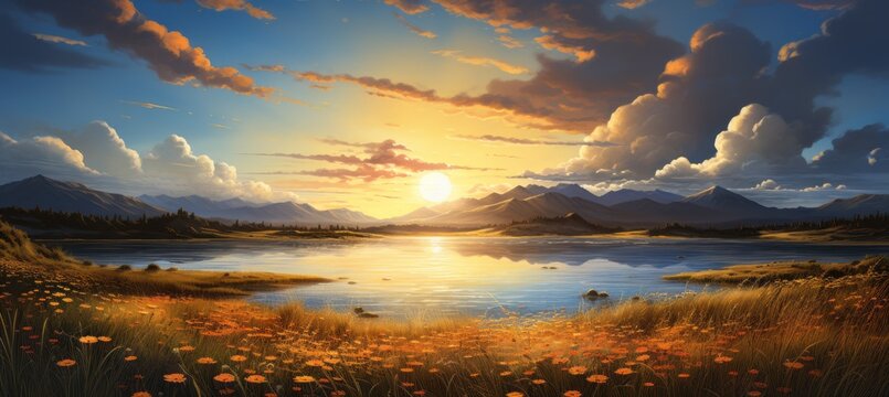 Sunset at lake mountain landscape art painting background. Generative AI technology.	