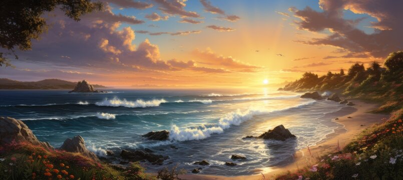 Peaceful sunset beach landscape art painting background. Generative AI technology.	