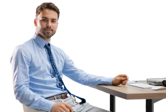 Young modern business man analyzing data using computer while working on a transparent background 