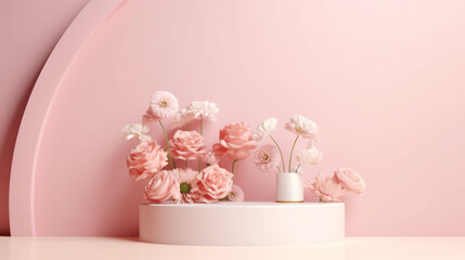 Podium with pink roses on pastel pink background to display products, gift or cosmetics. Generative AI