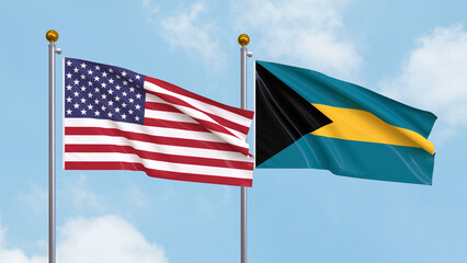 Waving flags of the United States of America and The Bahamas on sky background. Illustrating International Diplomacy, Friendship and Partnership with Soaring Flags against the Sky. 3D illustration.
