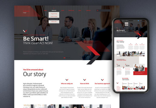 Website Layout for Business Presentation with Blue and Red Accents
