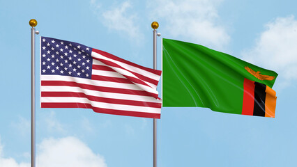 Waving flags of the United States of America and Zambia on sky background. Illustrating International Diplomacy, Friendship and Partnership with Soaring Flags against the Sky. 3D illustration.