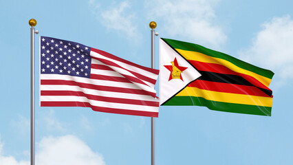 Waving flags of the United States of America and Zimbabwe on sky background. Illustrating International Diplomacy, Friendship and Partnership with Soaring Flags against the Sky. 3D illustration.
