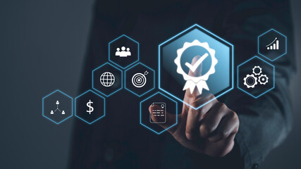 Certification Assurance Guarantee, ISO certification and standardization concept. Business process optimisation industrial technology and  top service quality. Person touch certificate icons..