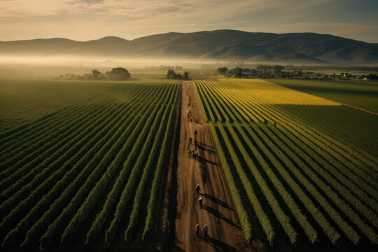 Aerial View Of Grape Harvesters In The Winelands. Generative AI
