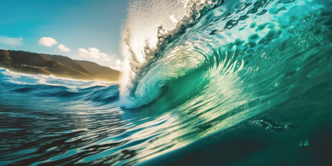 Big barrelling ocean wave close up