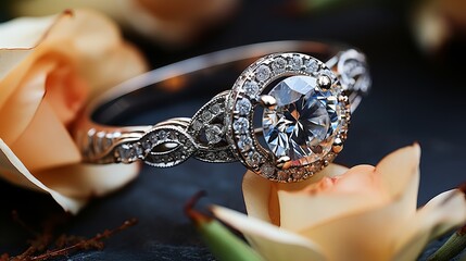 Close-up of an elegant diamond engagement ring. Generative AI