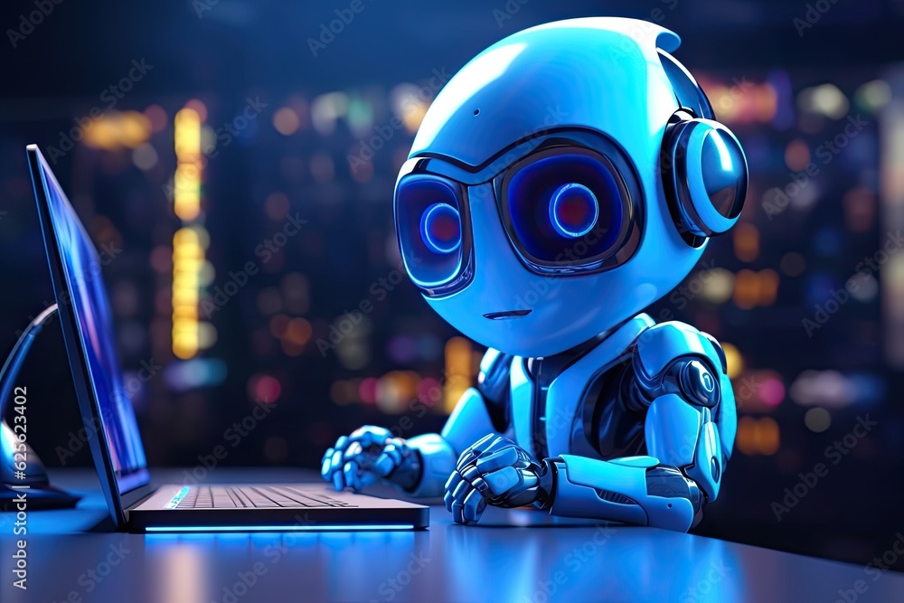 Poster futuristic robot typing and learning with laptop, chat bot. generative ai