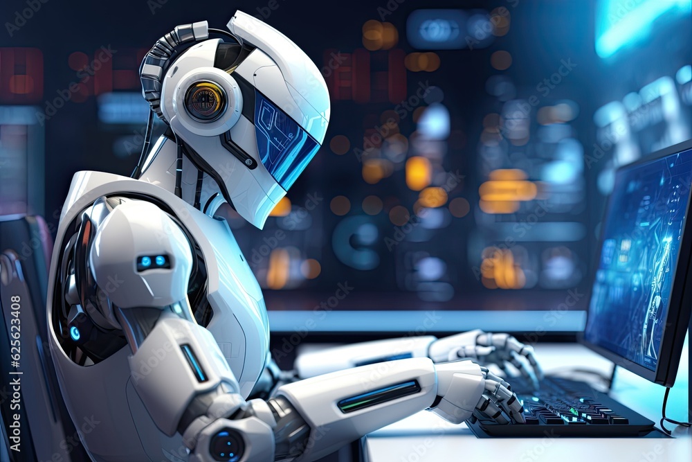 Poster futuristic robot typing and learning with laptop, chat bot. generative ai