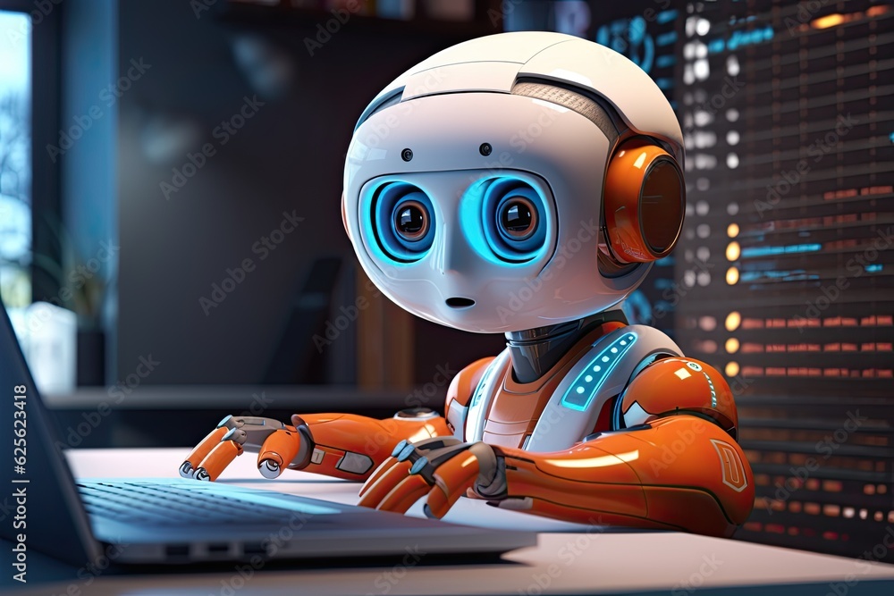 Poster futuristic robot typing and learning with laptop, chat bot. generative ai