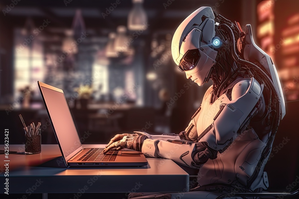 Poster futuristic robot typing and learning with laptop, chat bot. generative ai