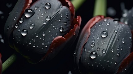 Black Tulips flowers with water drops background. Closeup of blossom with glistening droplets. Generative AI