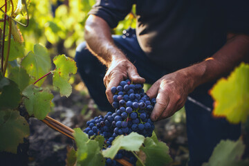 Hands Picking Ripe Black Grapes During Grape Harvest. Generative AI