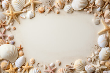 Fototapeta na wymiar Seashells And Sand Forming Border Frame. Generative AI
