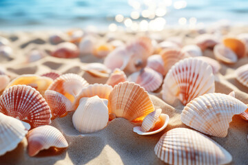 Fototapeta na wymiar Sea Shells Scattered On Sandy Beach. Generative AI