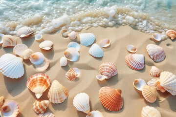 Fototapeta na wymiar Seashells Scattered On The Sandy Coastline. Generative AI