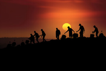Fototapeta na wymiar Silhouettes Of People Carrying The Grape Harvest At Sunset. Generative AI