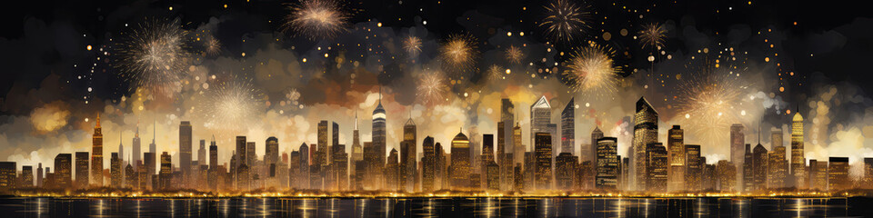 Shimmering Golden Fireworks Over City Skyline. Panoramic Banner. Generative AI