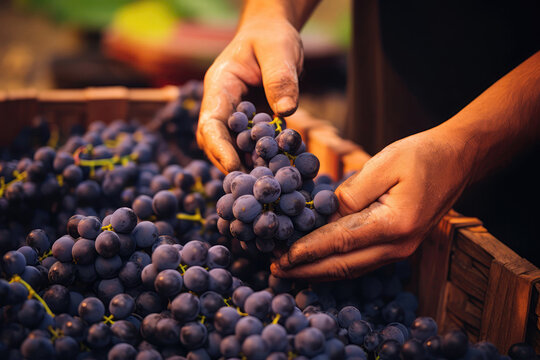 Hands Carefully Selecting The Best Grapes For Winemaking. Generative AI