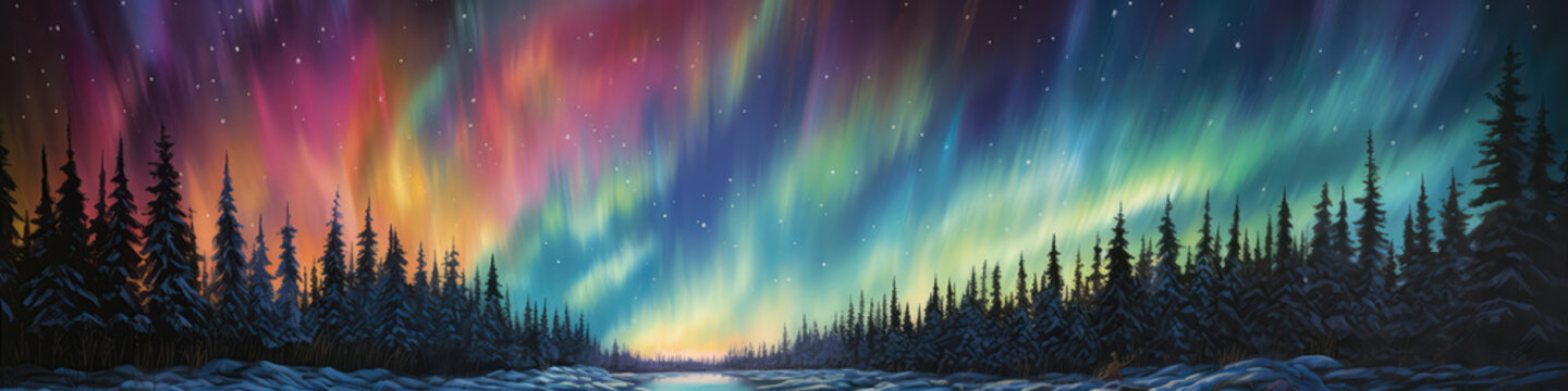 Shimmering Aurora Borealis Painting Skies With Colors. Panoramic Banner. Generative AI