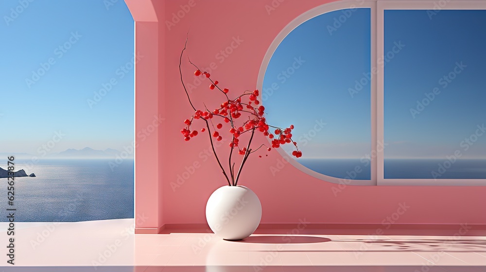 Poster a vase with red flowers in it sitting in front of a window. generative ai