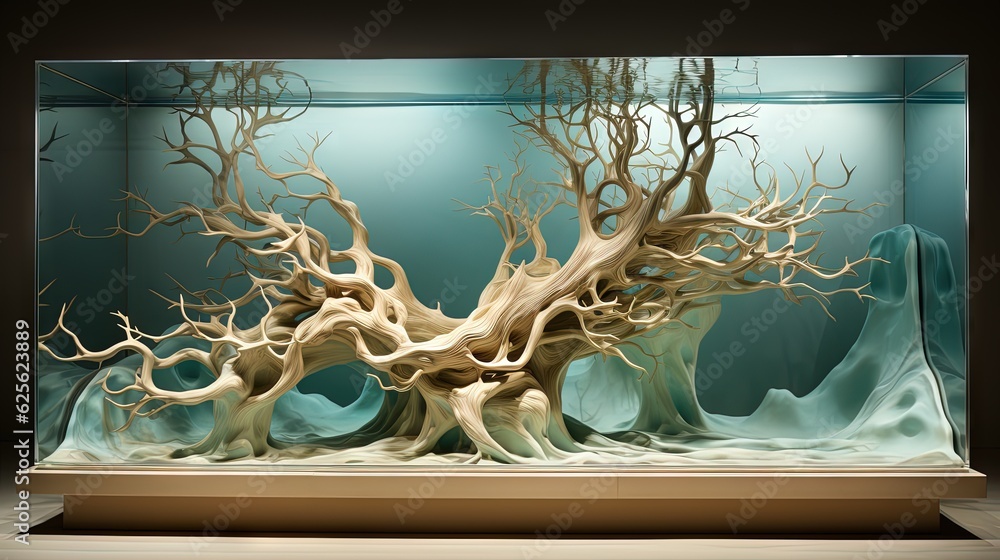 Poster a glass case with a tree in it on a table. generative ai