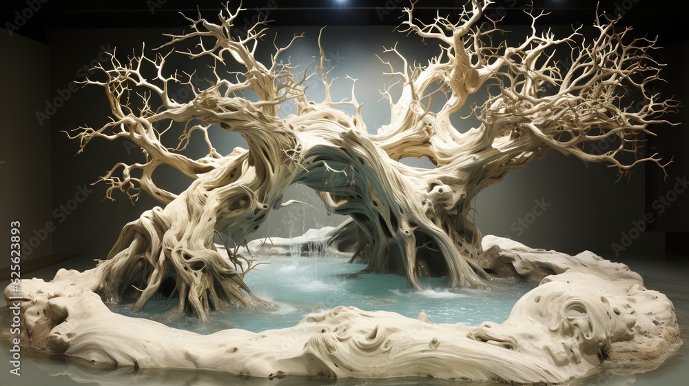 Poster a sculpture of a group of trees in a museum display. generative ai