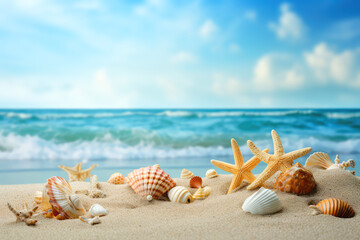 Summer Beach Vacation With Sand And Seashells. Copy Space. Generative AI